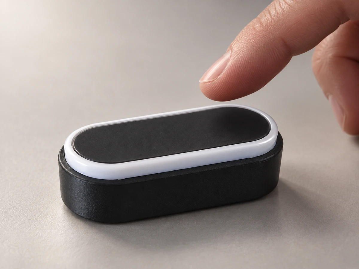 A fingertip poised just above the oblong button on a warm-grey surface; prototype-based AI visualization