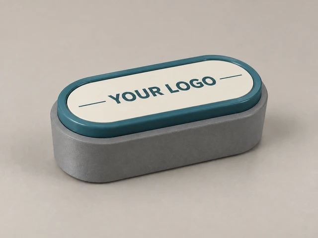 Illustrative stone-grey button body, petrol-coloured frame and ivory YOUR LOGO artwork against a warm-grey background