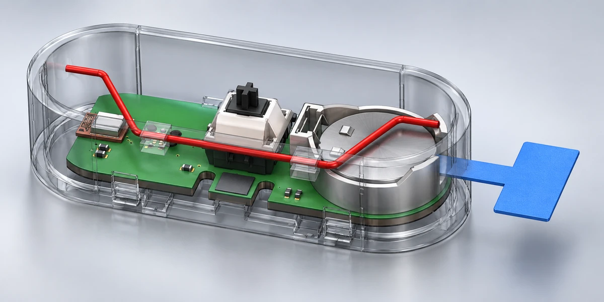 CAD-based cutaway showing the radio module on the left, central mechanical switch and battery on the right inside the oblong button