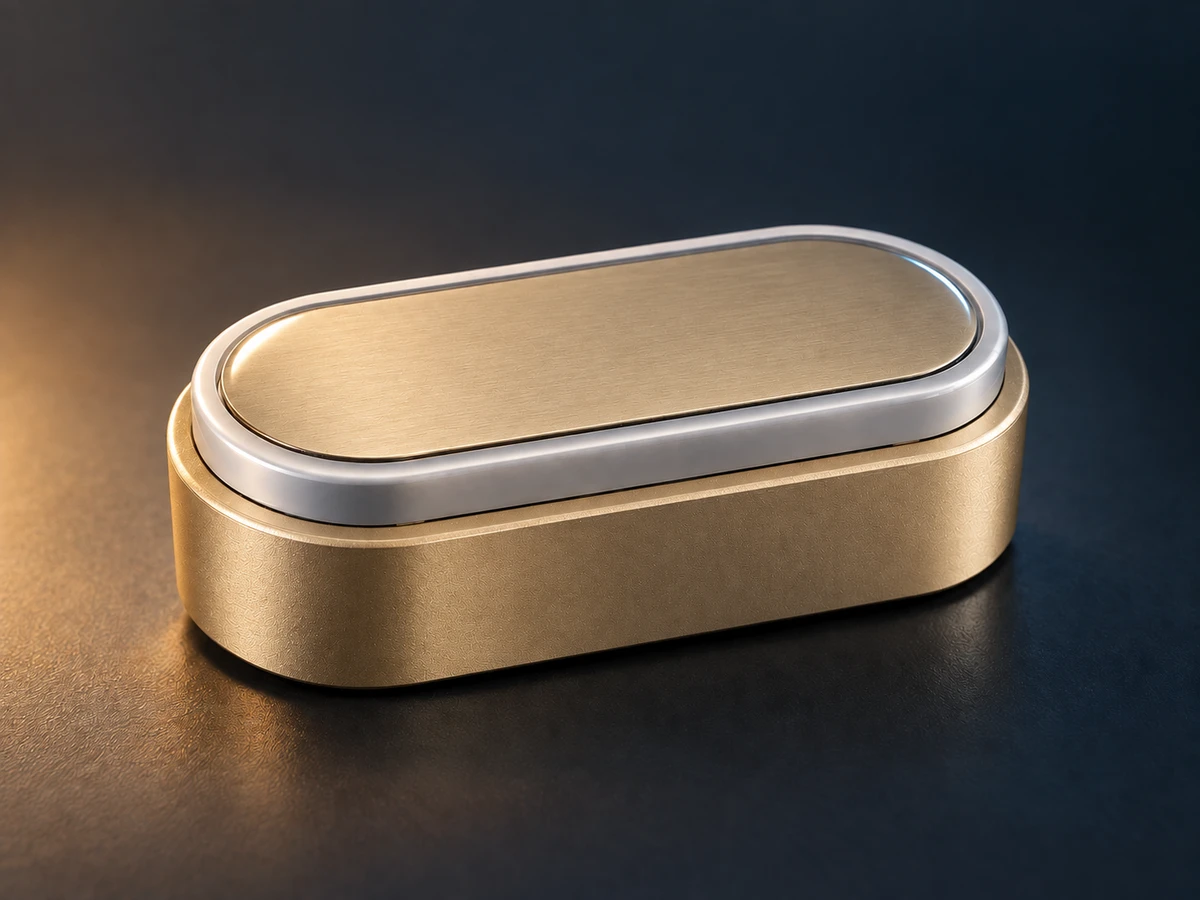 Illustrative gold-coloured button body and face with a platinum-coloured frame against a dark petrol background